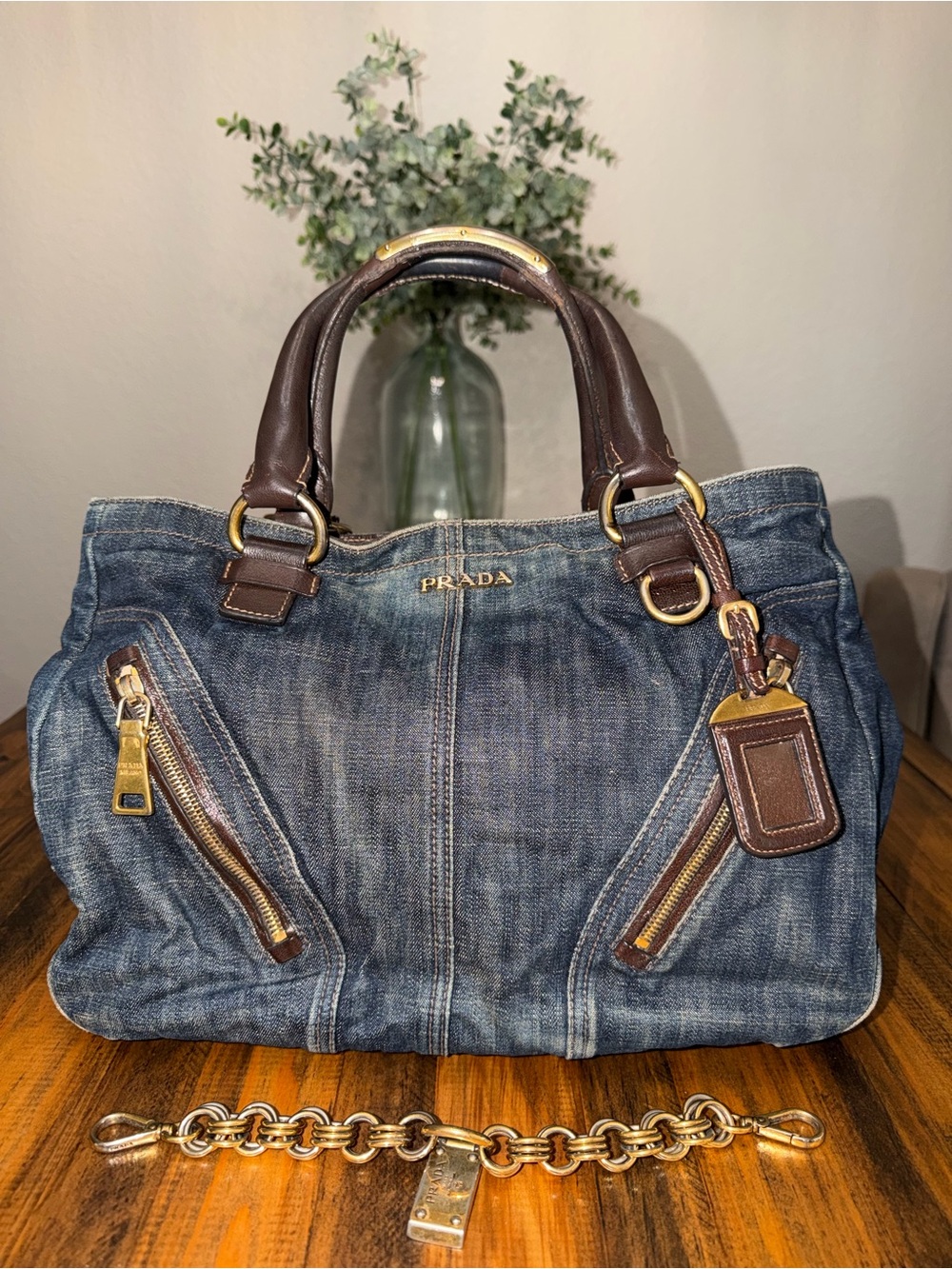 PRADA Denim & Vitello Leather Satchel
